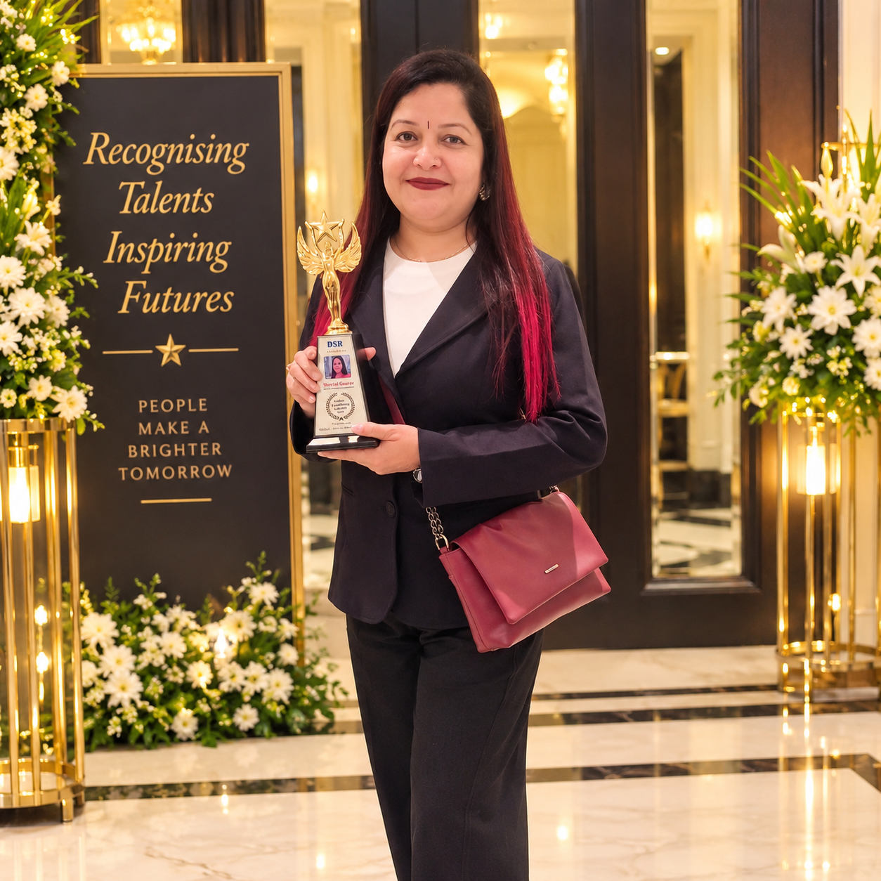 Shital Gurav holding a recognition trophy